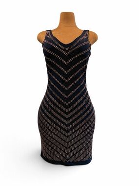 Carmen Marc Valvo Navy Blue Mini Dress with Bronze Rhinestone Studs